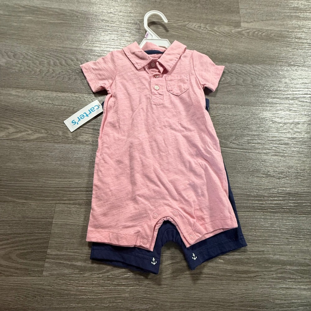 Carters Baby Rompers 2 Pack Pink Polo Navy Anchor Print 9 Months NWT